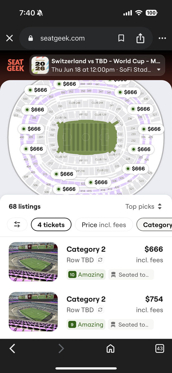 World Cup - Italy vs Switzerland - 4 tickets $2400