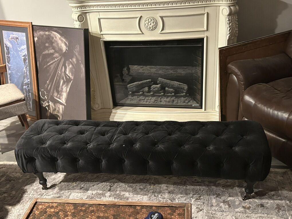 Long Dark Navy Blue Tuffed Velvet Bench