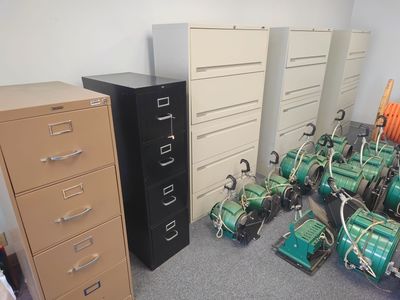 Metal file cabinets and shelves