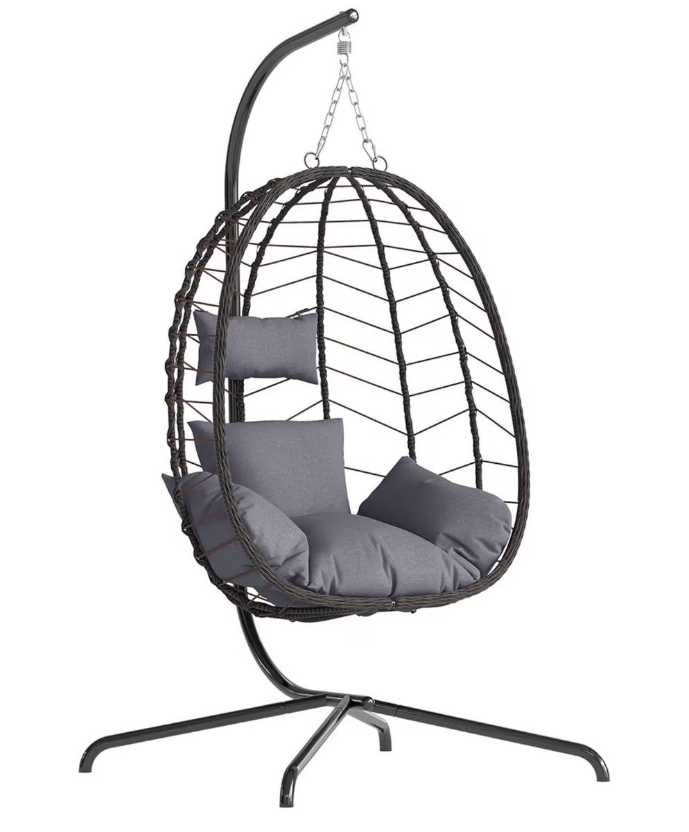 Brand new Stylish Outdoor Egg Swing Chair with Stand - All-Weather Wicker & Grey Cushions