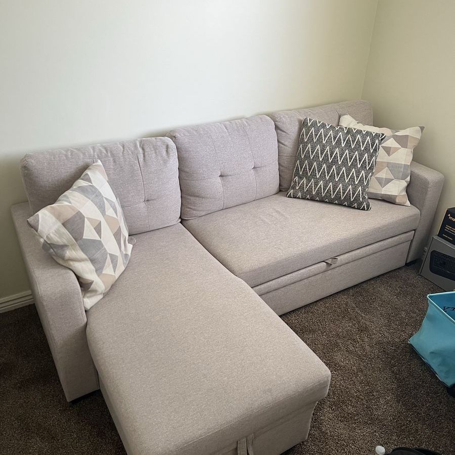 Light Gray Fabric Sectional Sofa Couch with Pull-Out foot rest and Storage Ottoman