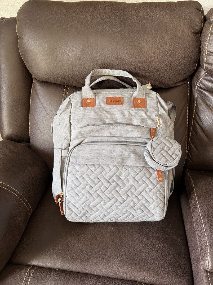 Good Mum Gray Quilted Diaper Bag Backpack with Pacifier Pouch