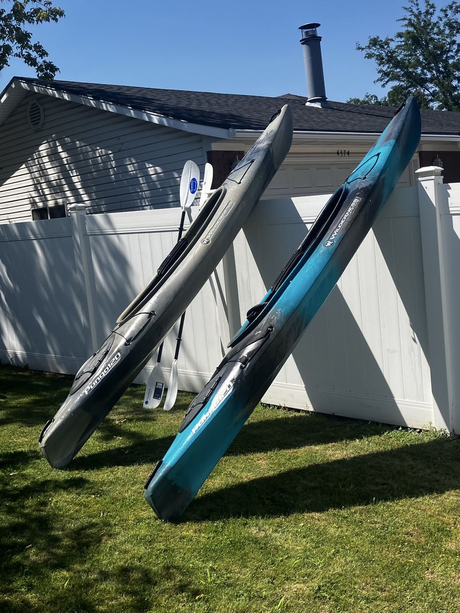 2 Wilderness Systems Pungo 120 Kayaks with Paddles - Gray & Blue