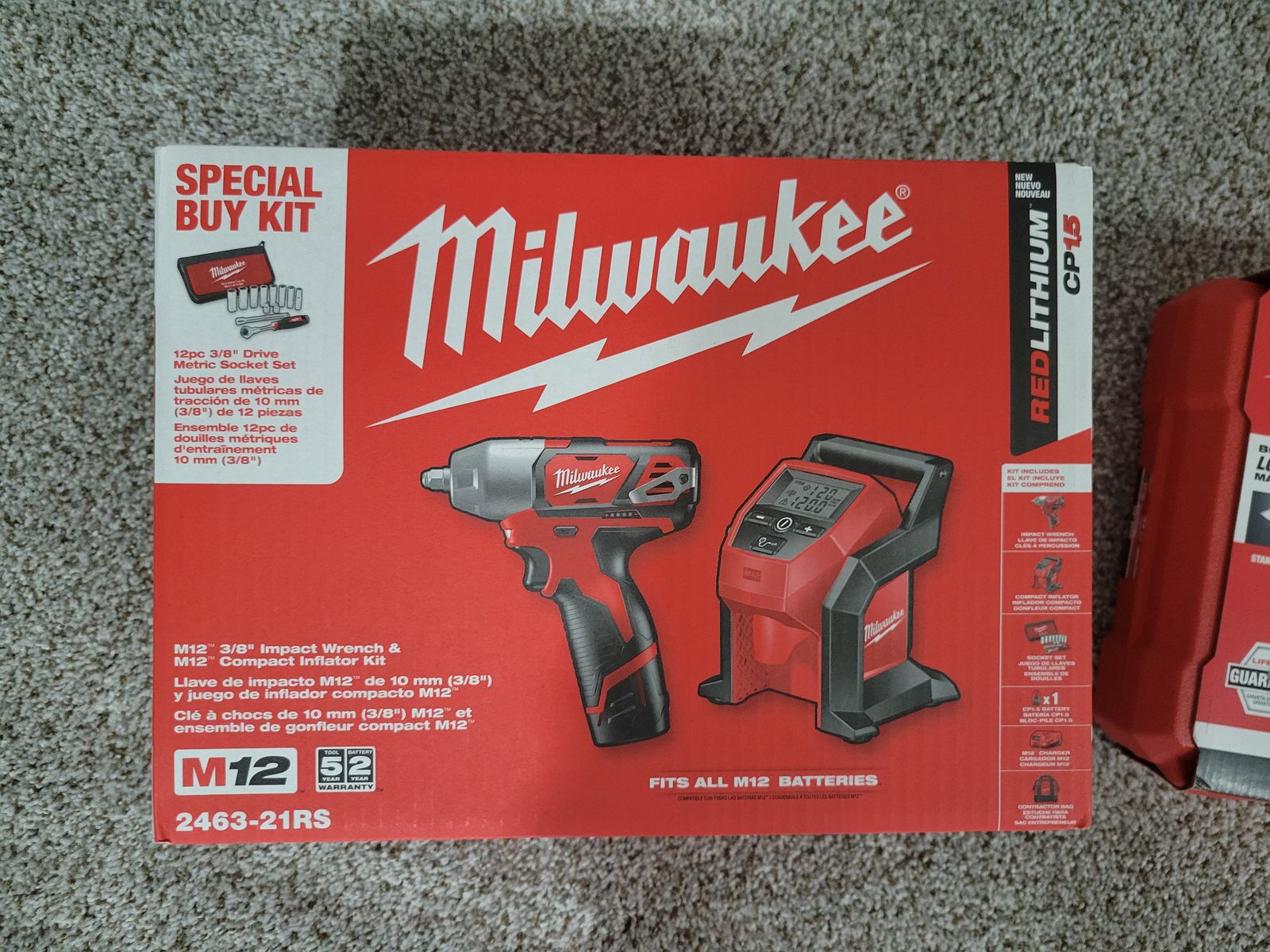 Milwaukee 3/8" Impact wrench & compact inflator with bonus 12 pc 3/8 drive metric socket set