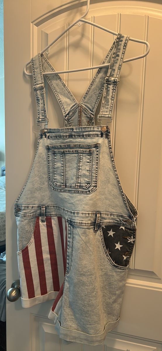 Cute American Flag Denim Overalls Shorts - Size XL Patriotic Style
