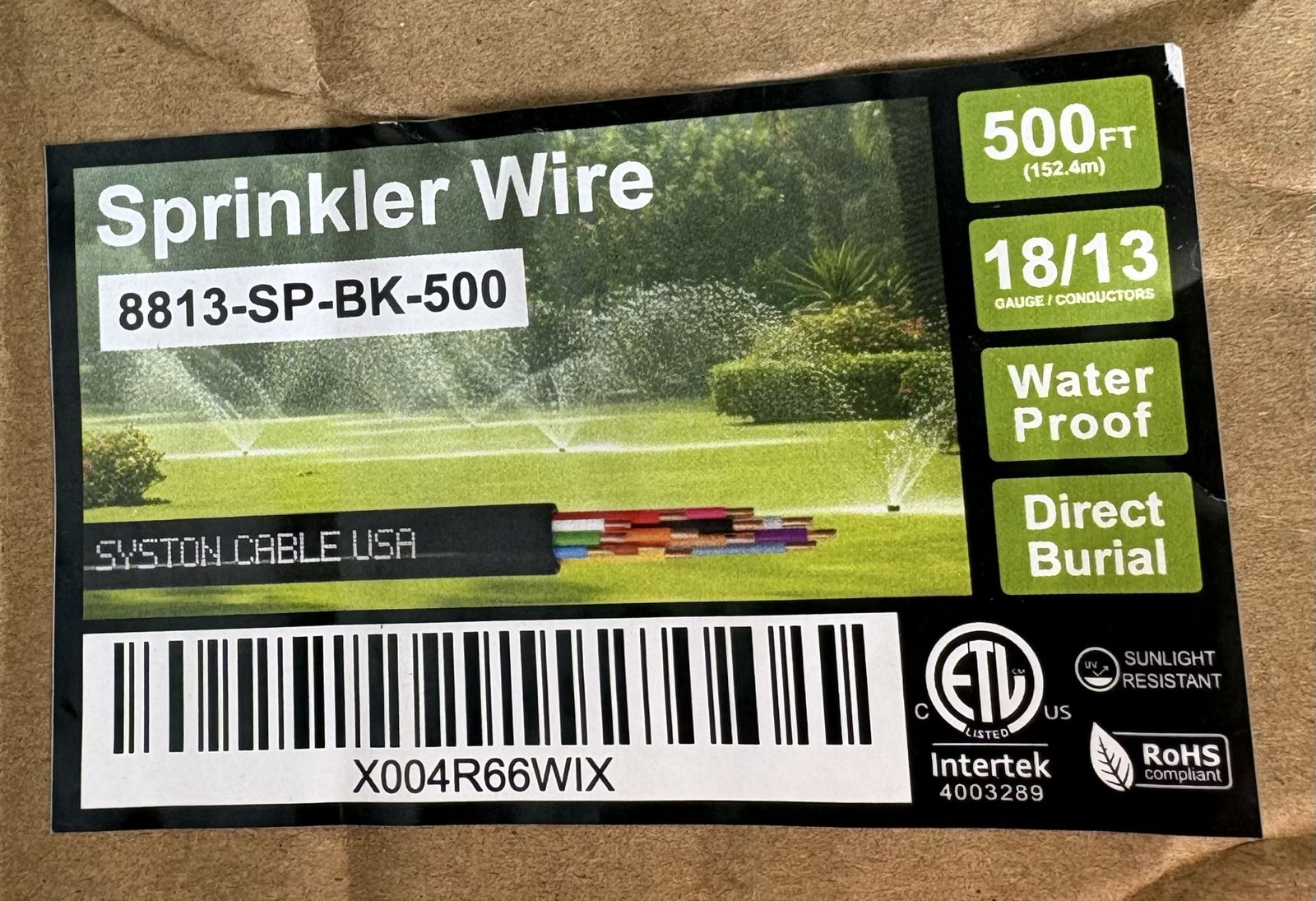 18/13 Sprinkler Wire, Solid Copper, Irrigation Systems, Direct Burial, Water Resistant,Underground. 500 ft.