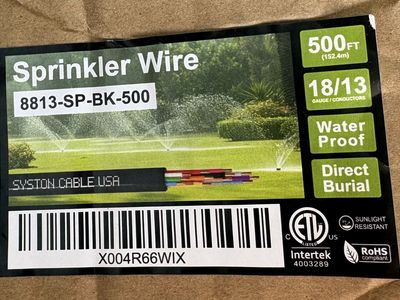 18/13 Sprinkler Wire, Solid Copper, Irrigation Systems, Direct Burial, Water Resistant,Underground. 500 ft.