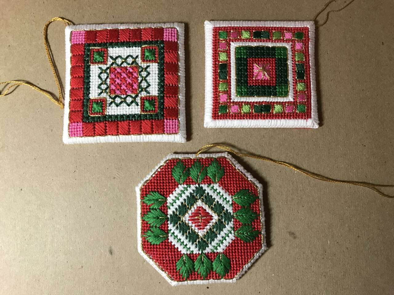 Handstitched ornaments Needlepoint and Cross Stitch Set of 3