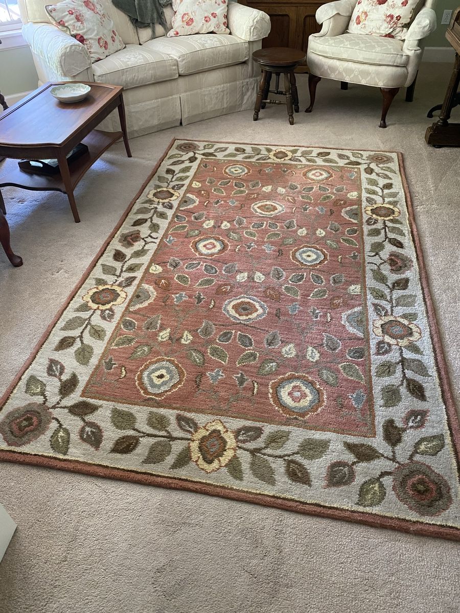 Pottery Barn Hand-Tufted Wool Area Rug - Floral Pattern, 5x8 ft, Rust/Sage/Cream, Good Condition