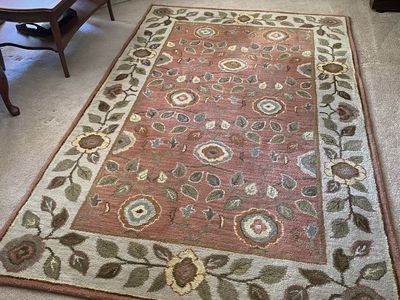 Pottery Barn Hand-Tufted Wool Area Rug - Floral Pattern, 5x8 ft, Rust/Sage/Cream, Good Condition