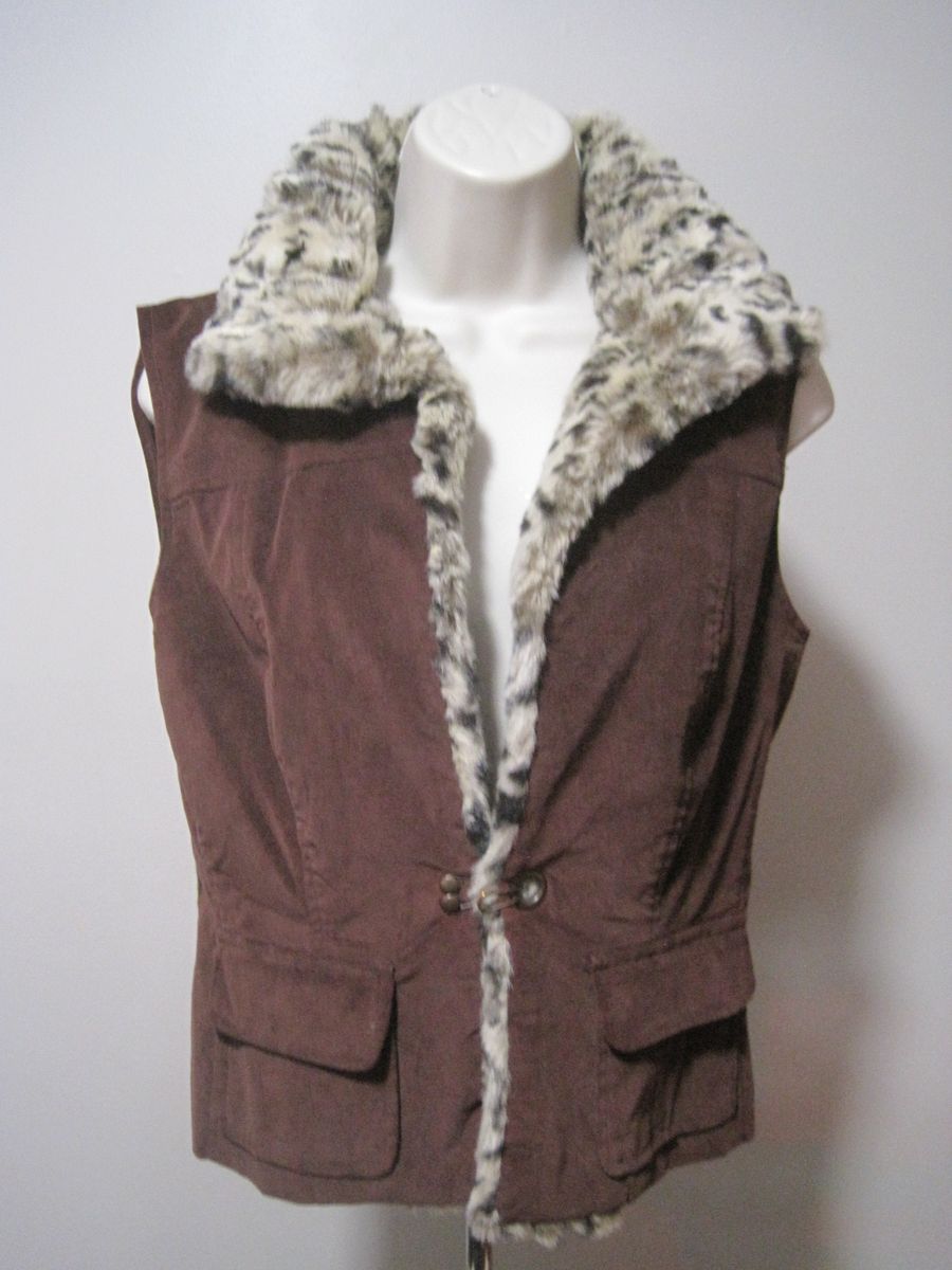 Jones Wear Jeans Vest Women's Small Burgundy Faux Suede Leopard Fur Trim Boho