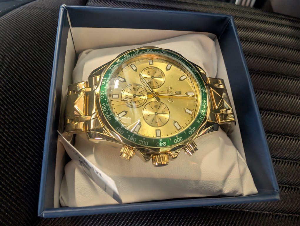 Gold-Tone Chronograph Watch with Green Tachymeter Bezel and Box