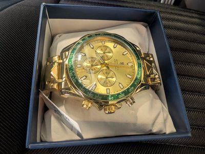 Gold-Tone Chronograph Watch with Green Tachymeter Bezel and Box