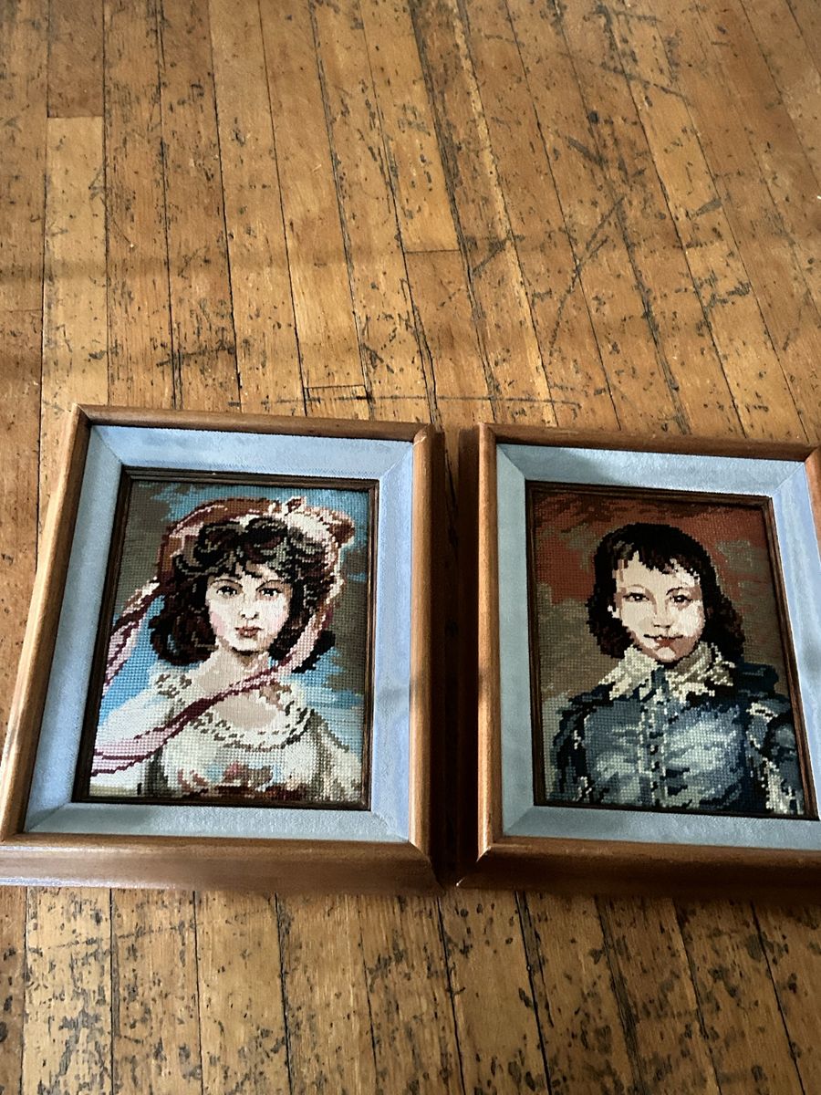 Set of two Needle Points the Blue Boy and Pink Lady by an Utahn framed by Phil Gottfredson Orem Utah 