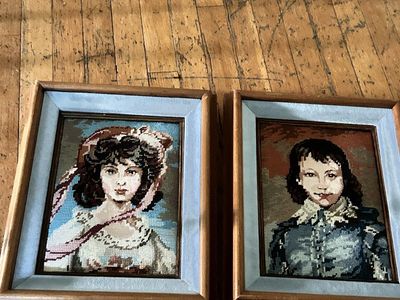 Set of two Needle Points the Blue Boy and Pink Lady by an Utahn framed by Phil Gottfredson Orem Utah