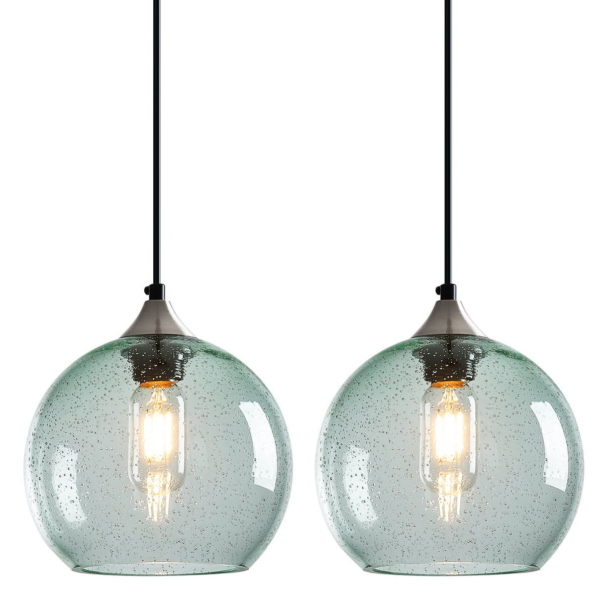 New- 2-Pack Light Green Seeded Glass Pendant Lights - Modern Farmhouse Style, Globe Shade
