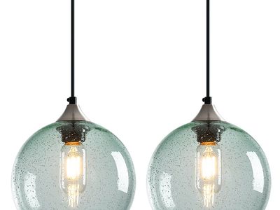 New- 2-Pack Light Green Seeded Glass Pendant Lights - Modern Farmhouse Style, Globe Shade