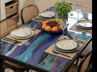 Custom Resin Art Dining Table Top with Legs - Unique Blue & Purple Swirl Design