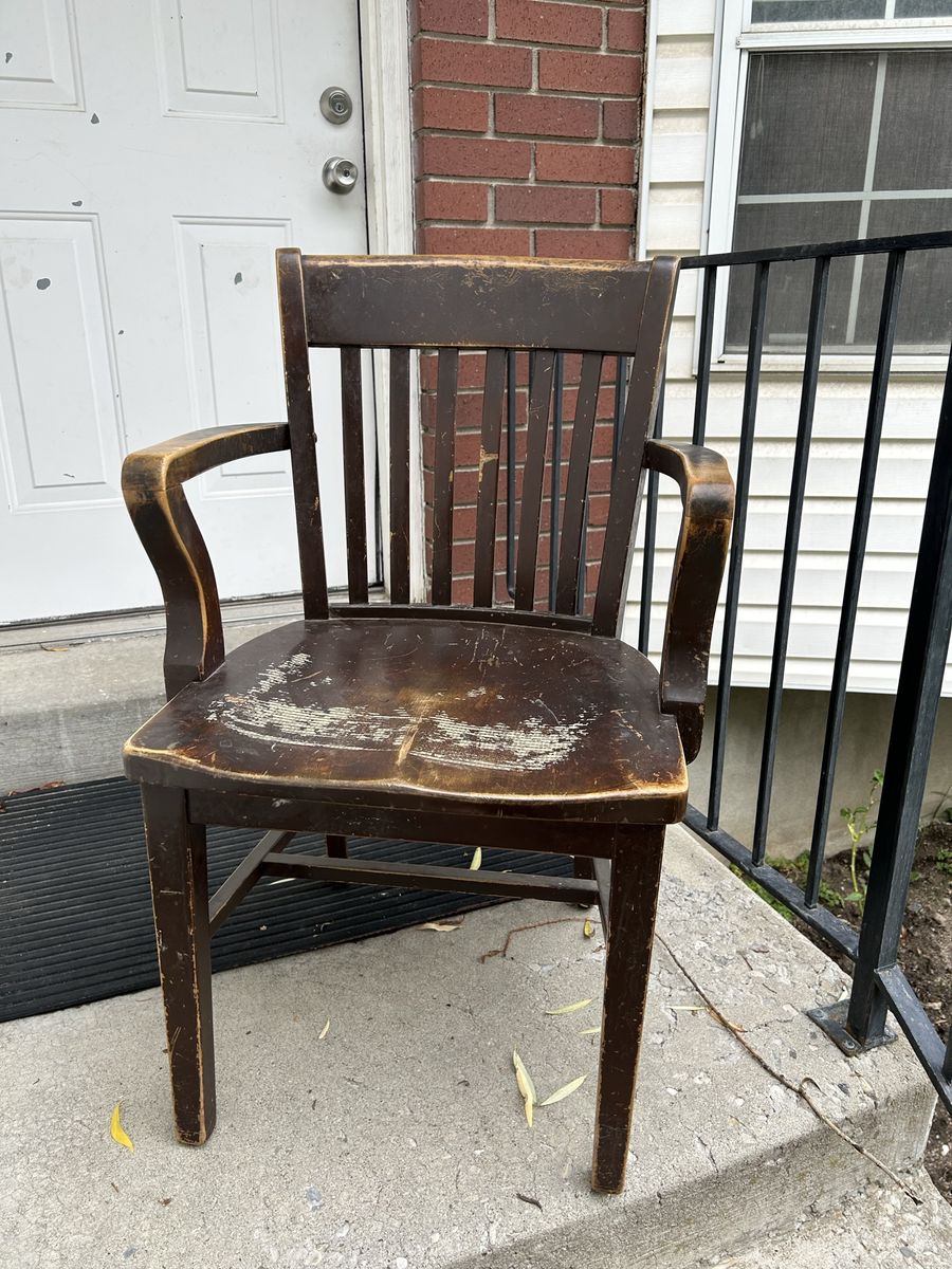Vintage Wooden Banker's Armchair with Distressed Dark Finish