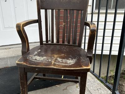 Vintage Wooden Banker's Armchair with Distressed Dark Finish