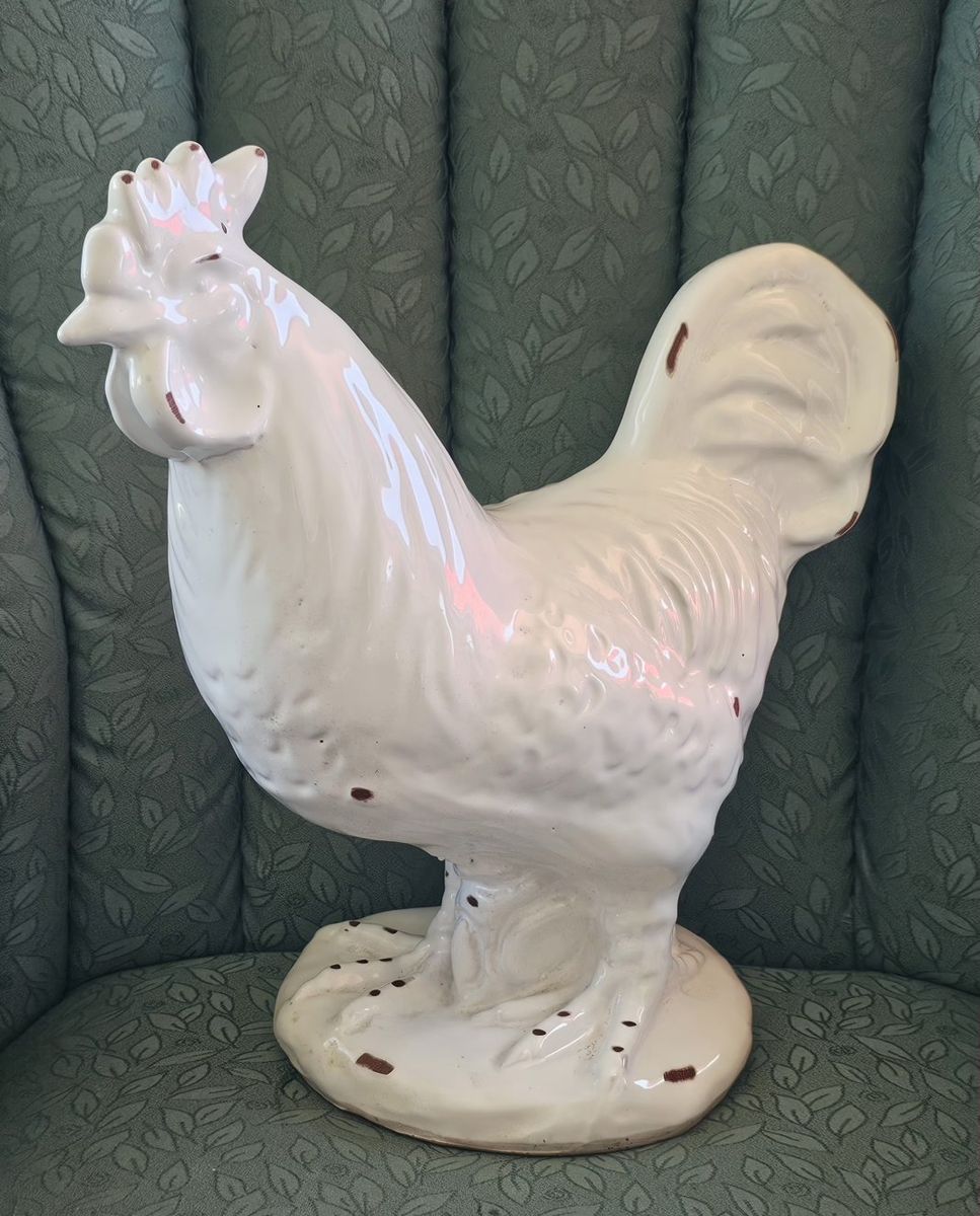 Large White Ceramic Rooster Figurine Farmhouse Decor Glazed Finish 15"×14"