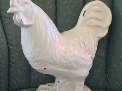 Large White Ceramic Rooster Figurine Farmhouse Decor Glazed Finish 15"×14"
