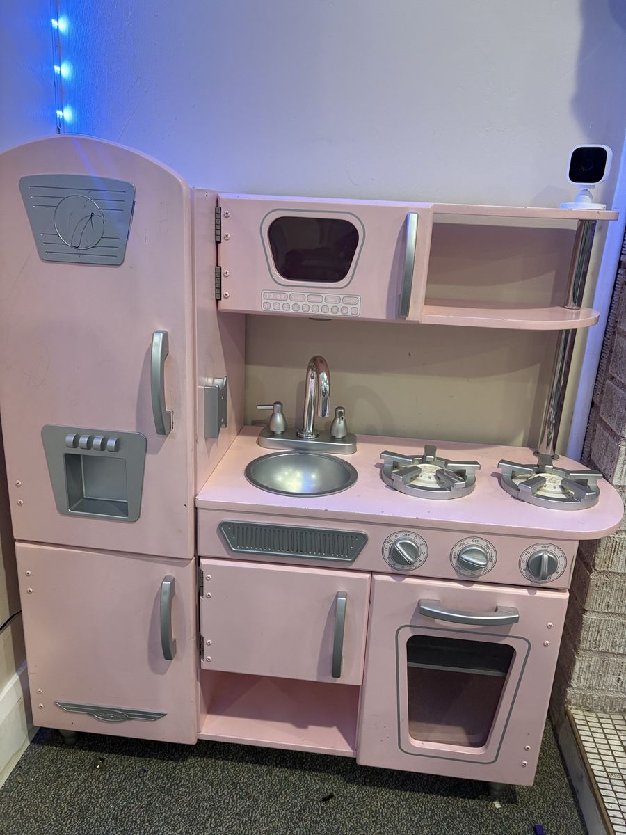 Pink Wooden Toy Kitchen Play Set with Refrigerator, Oven, and Sink