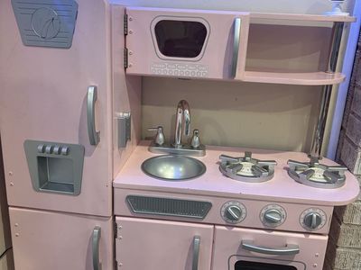 Pink Wooden Toy Kitchen Play Set with Refrigerator, Oven, and Sink