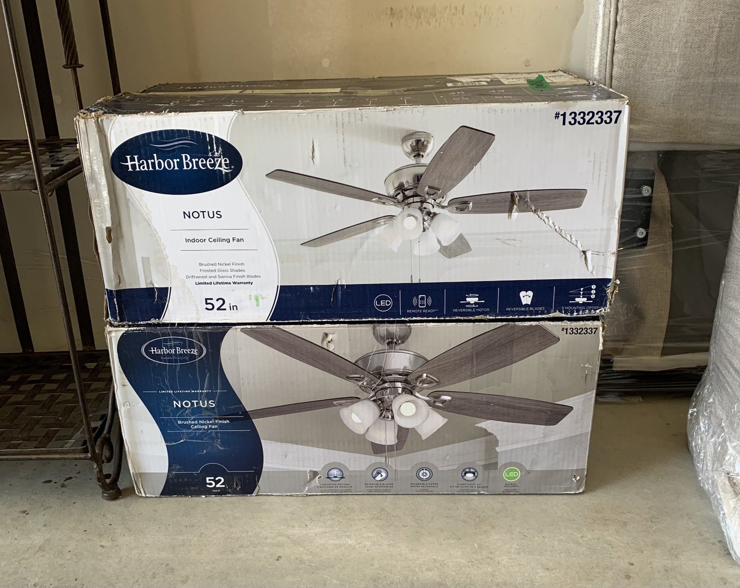 Harbor Breeze NOTUS 52in Indoor Ceiling Fan Brushed Nickel, Remote Ready, Reversible Blades/Motor/ 50 for one or 90 for both.