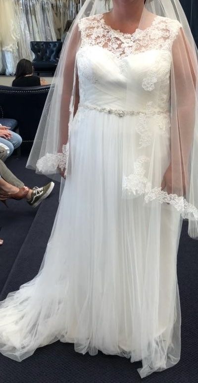 Maggie Sorrento Champagne Lace and Tulle Wedding Dress with Beaded Waist Detail