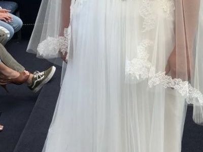 Maggie Sorrento Champagne Lace and Tulle Wedding Dress with Beaded Waist Detail