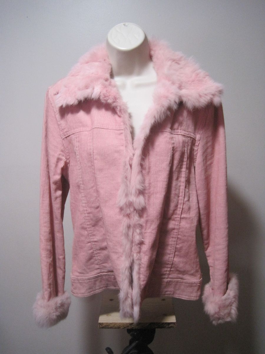 Vintage Rue 21 Pink Plush Fur Trimmed Cotton Corduroy Jacket Women's Size Large