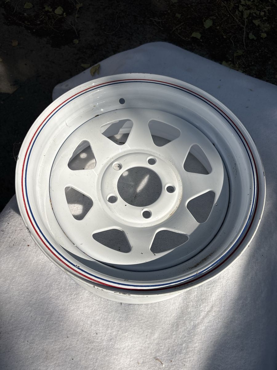White Steel Trailer Wheel Rim with Red and Blue Pinstripes - 5 Lug x 4.25 lug spacing 