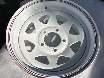 White Steel Trailer Wheel Rim with Red and Blue Pinstripes - 5 Lug x 4.25 lug spacing