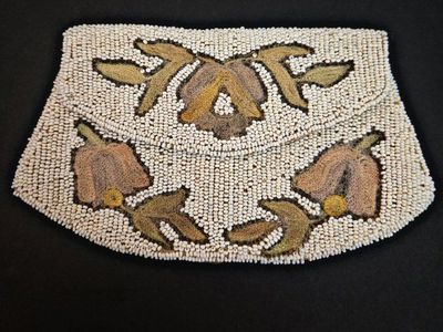 Vintage Hand Made in Belgium Beaded Clutch Bag with Embroidered Floral Design