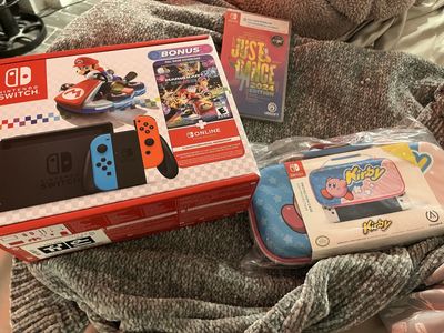 New Nintendo Switch Console Mario Kart 8 Deluxe Bundle with Just Dance 2024 & Kirby Carrying Case