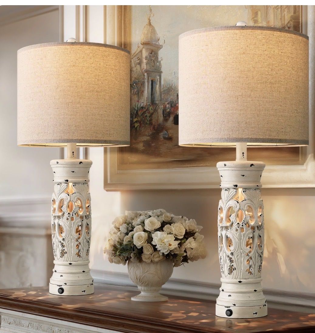 Farmhouse Distressed White Table Lamps Set of 2 with Dual USB-A/USB-C Charging Ports