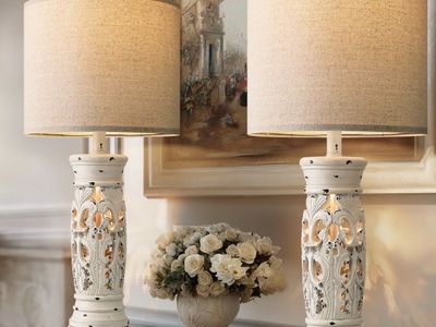 Farmhouse Distressed White Table Lamps Set of 2 with Dual USB-A/USB-C Charging Ports