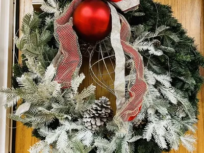 32" Christmas Wreath with Ribbon, Pinecones, and Ornament