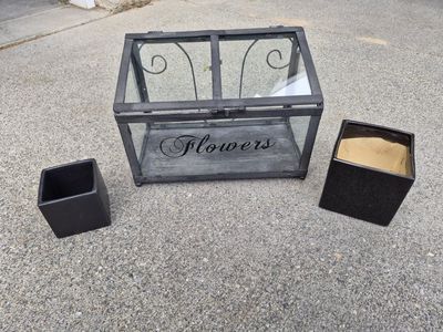 Decorative Metal & Glass Terrarium / Mini Greenhouse with 2 Planters - "Flowers" Engraving