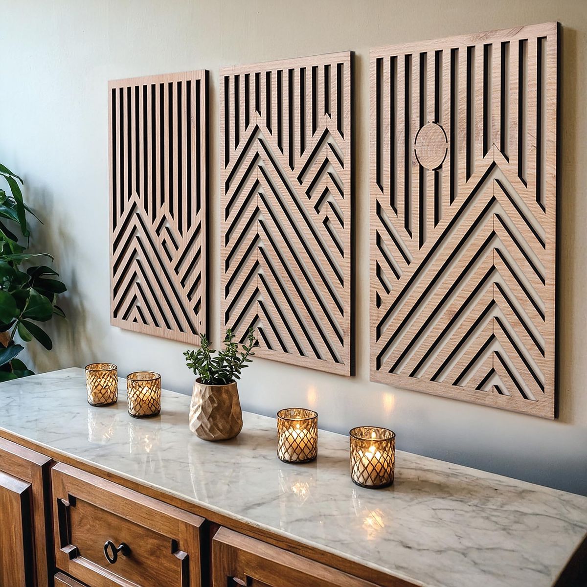 Set of 3 Modern Wooden Wall Sculptures – Oak Mountain & Sun
