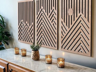 Set of 3 Modern Wooden Wall Sculptures – Oak Mountain & Sun