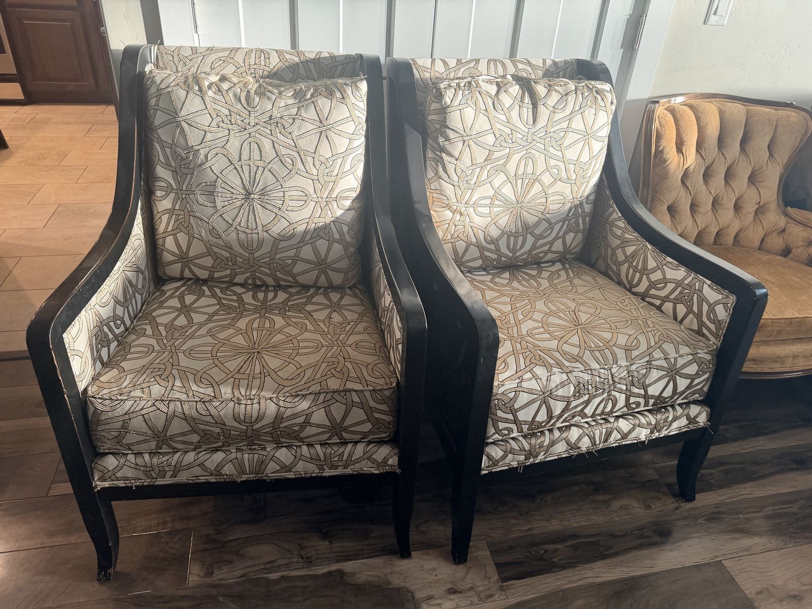 Set of 2 Vintage Dark Wood Frame Upholstered Armchairs - Geometric Pattern