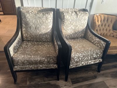 Set of 2 Vintage Dark Wood Frame Upholstered Armchairs - Geometric Pattern