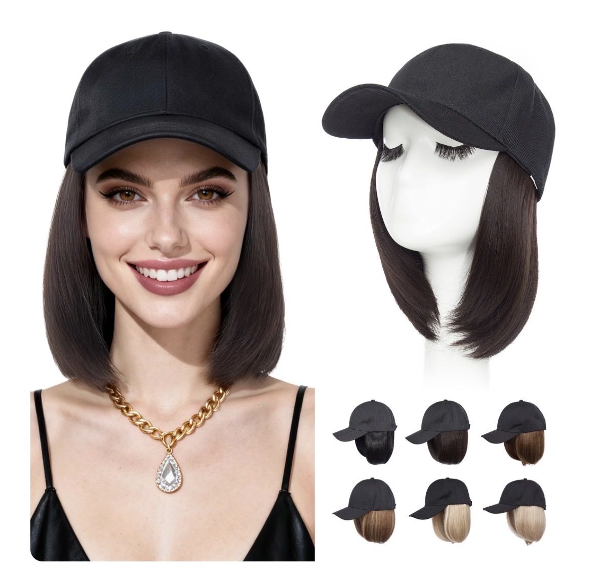 S-noilite Baseball Cap Wig with Short Bob Synthetic Hair Extensions - Chocolate Brown, Adjustable