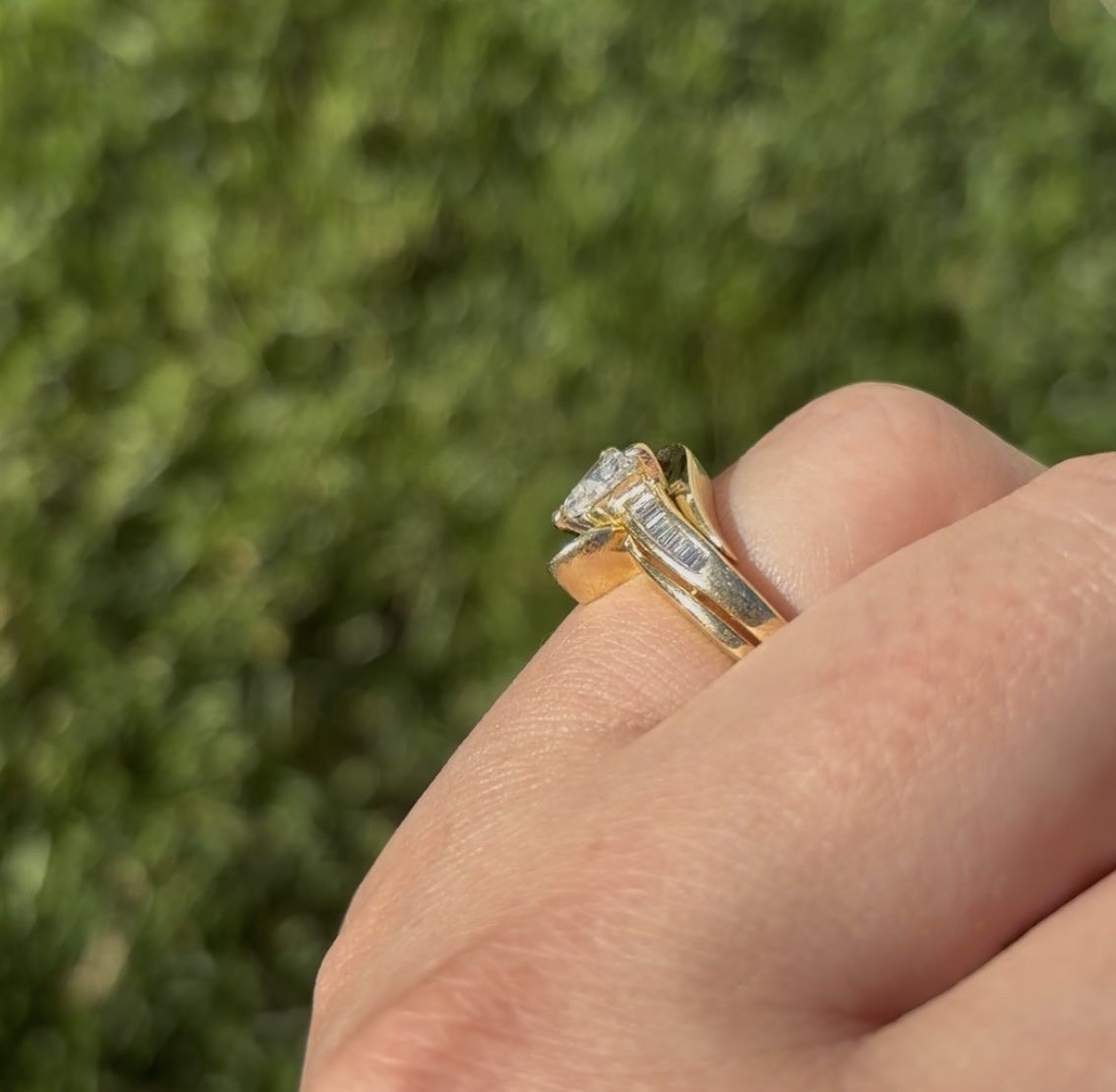 Unique Vintage Engagement and Wedding Band Ring with a Natural Trillion Cut Diamond and 14 K Gold band