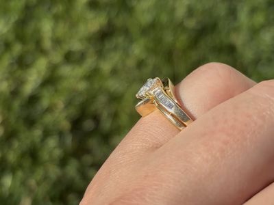 Unique Vintage Engagement and Wedding Band Ring with a Natural Trillion Cut Diamond and 14 K Gold band