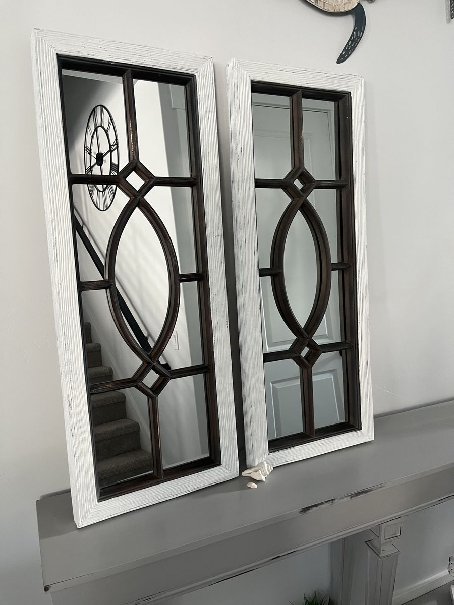 Set of 2 Decorative Window Pane Mirrors Distressed White 