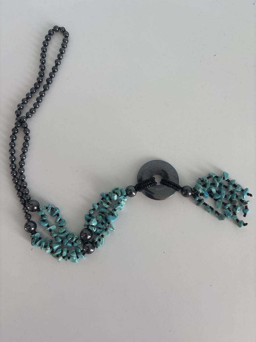 Turquoise & Hematite Beaded Necklace - Unique Statement Piece