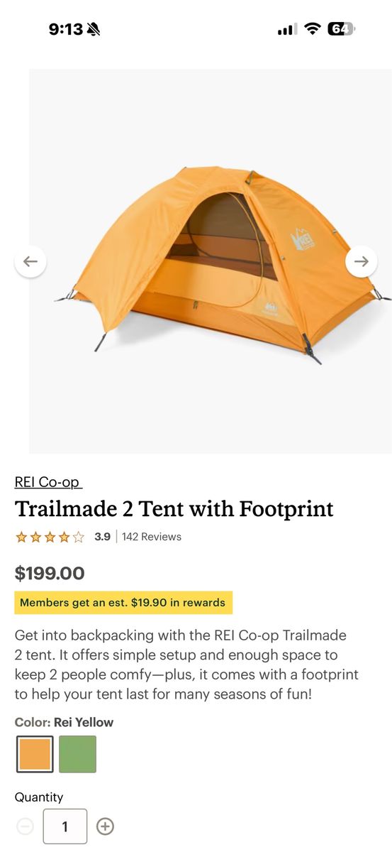 REI Co-op Trailmade 2 Backpacking Tent with Footprint - Yellow, 2-Person, Easy Setup